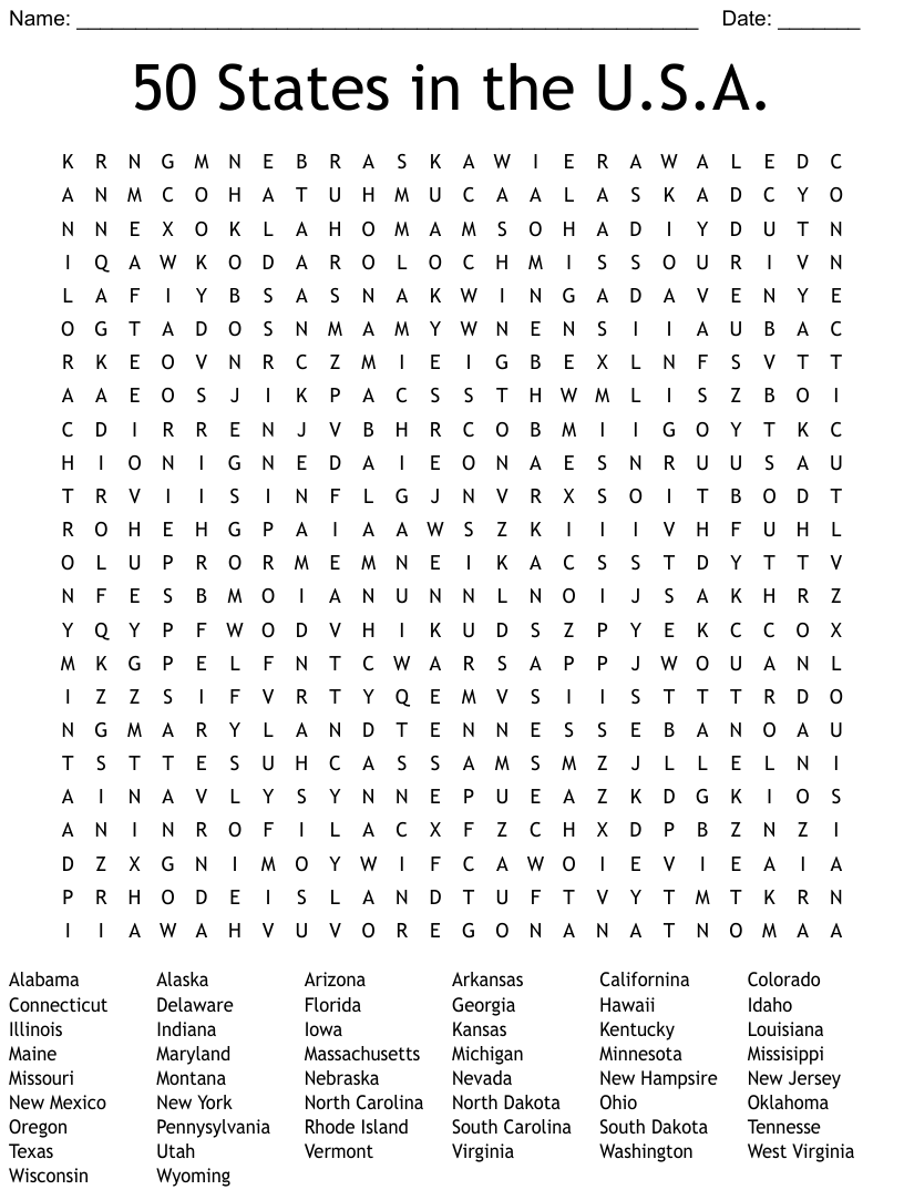 50 States In The U S A Word Search WordMint