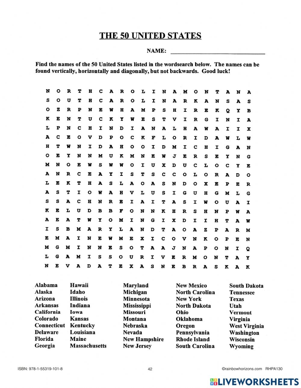 50 States Word Search