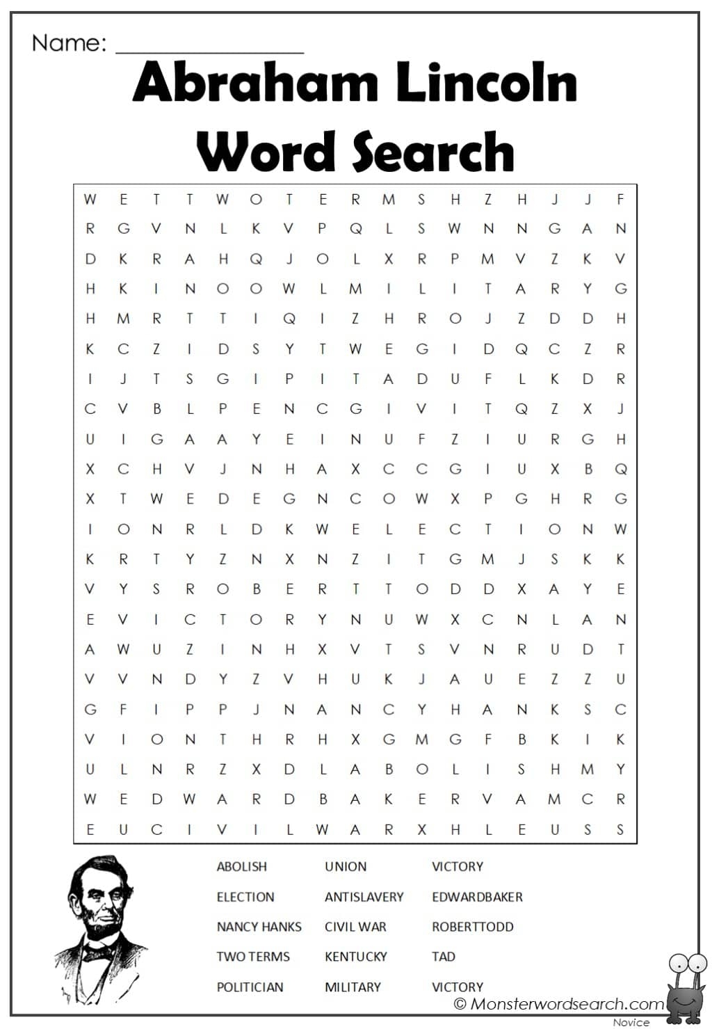 Abraham Lincoln Word Search Monster Word Search