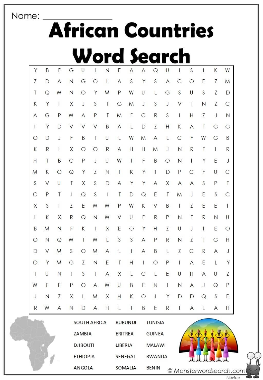 African Countries Word Search Monster Word Search