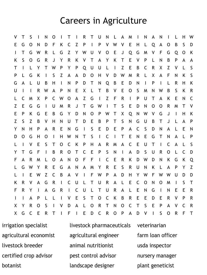 Agriculture Careers Word Search