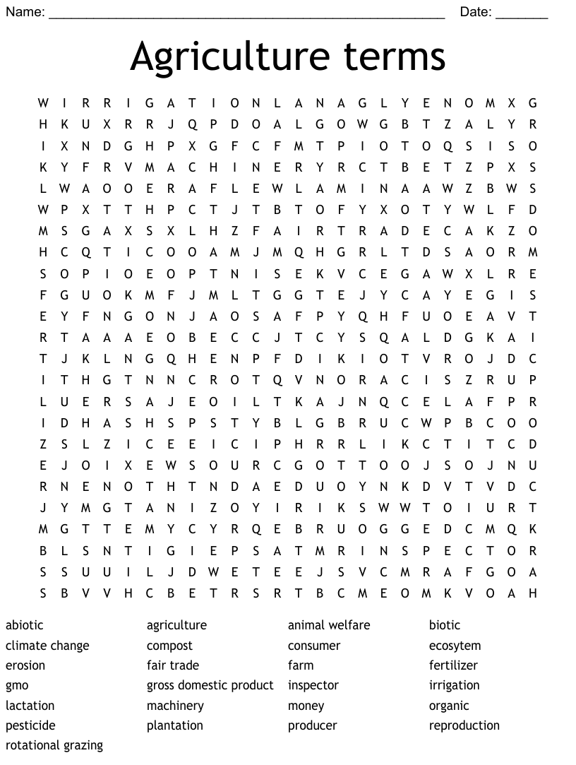 Agriculture Word Search Answers