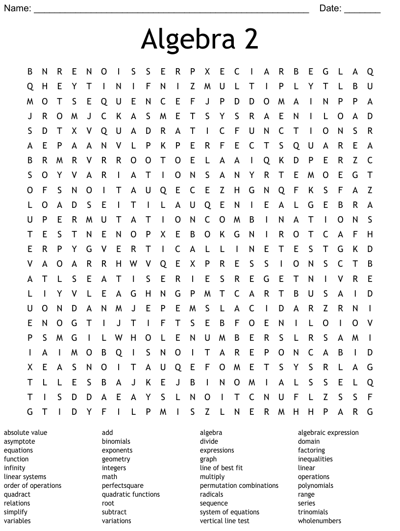 Algebra 2 Word Search WordMint