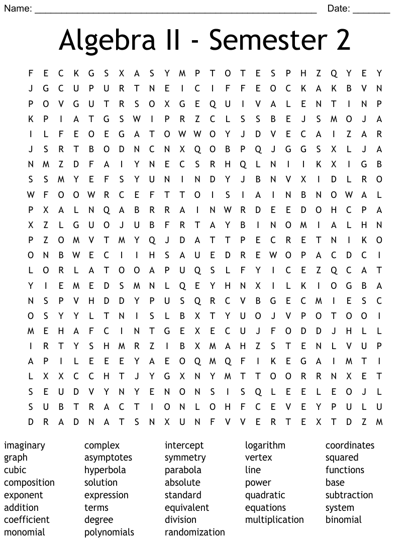 Algebra II Semester 2 Word Search WordMint