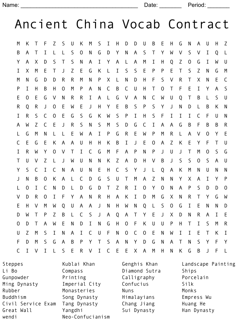 Ancient China Vocab Contract Word Search WordMint