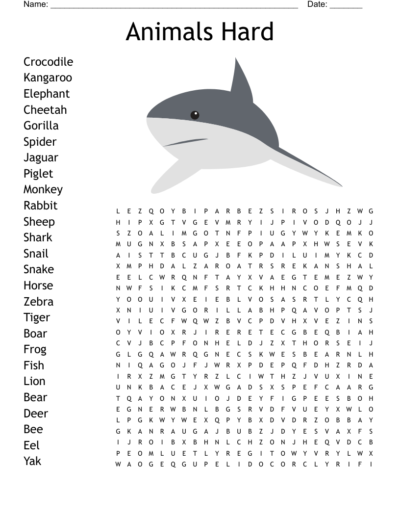 Animals Hard Word Search WordMint