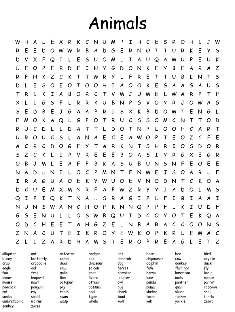 Difficult Animal Word Search Printable