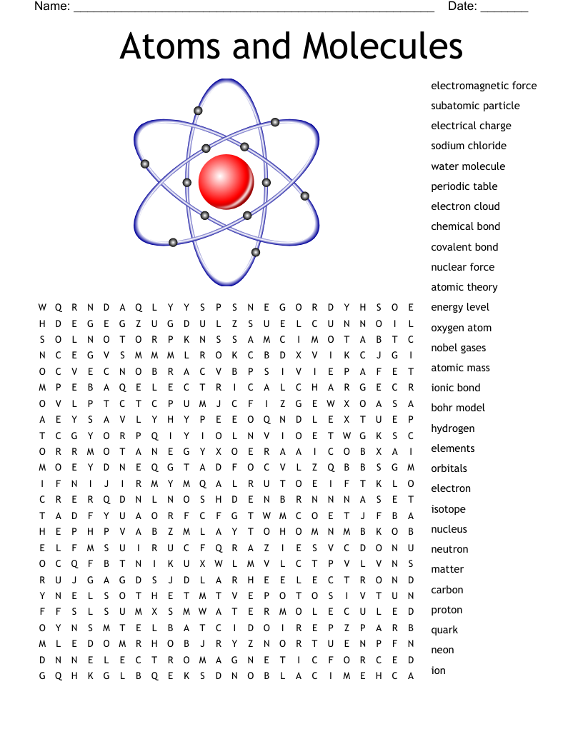 Atoms And Molecules Word Search WordMint