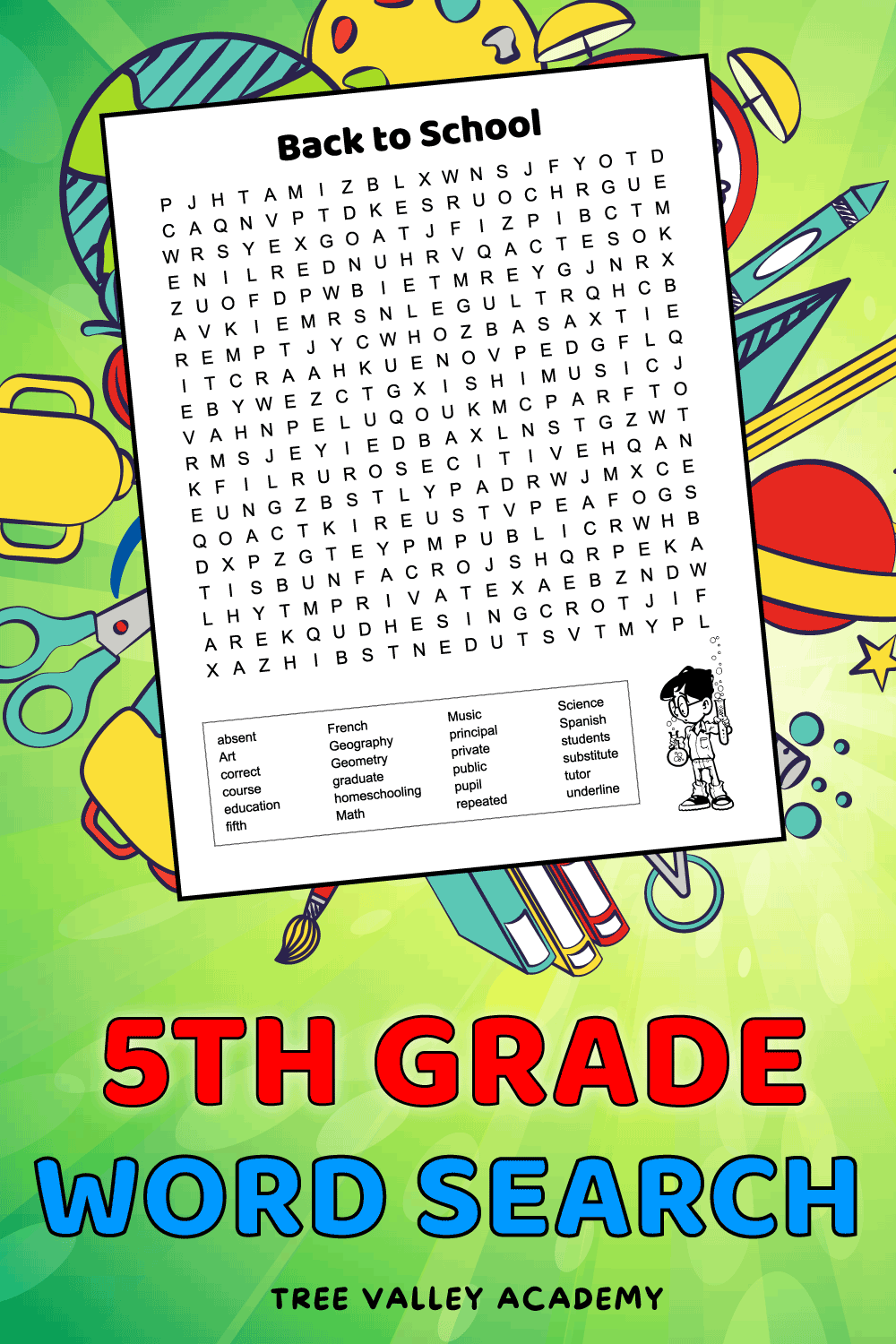 Back To School Word Search For 5th Grade Students