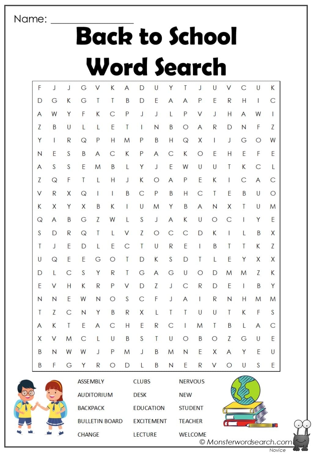 BACK TO SCHOOL Word Search Monster Word Search