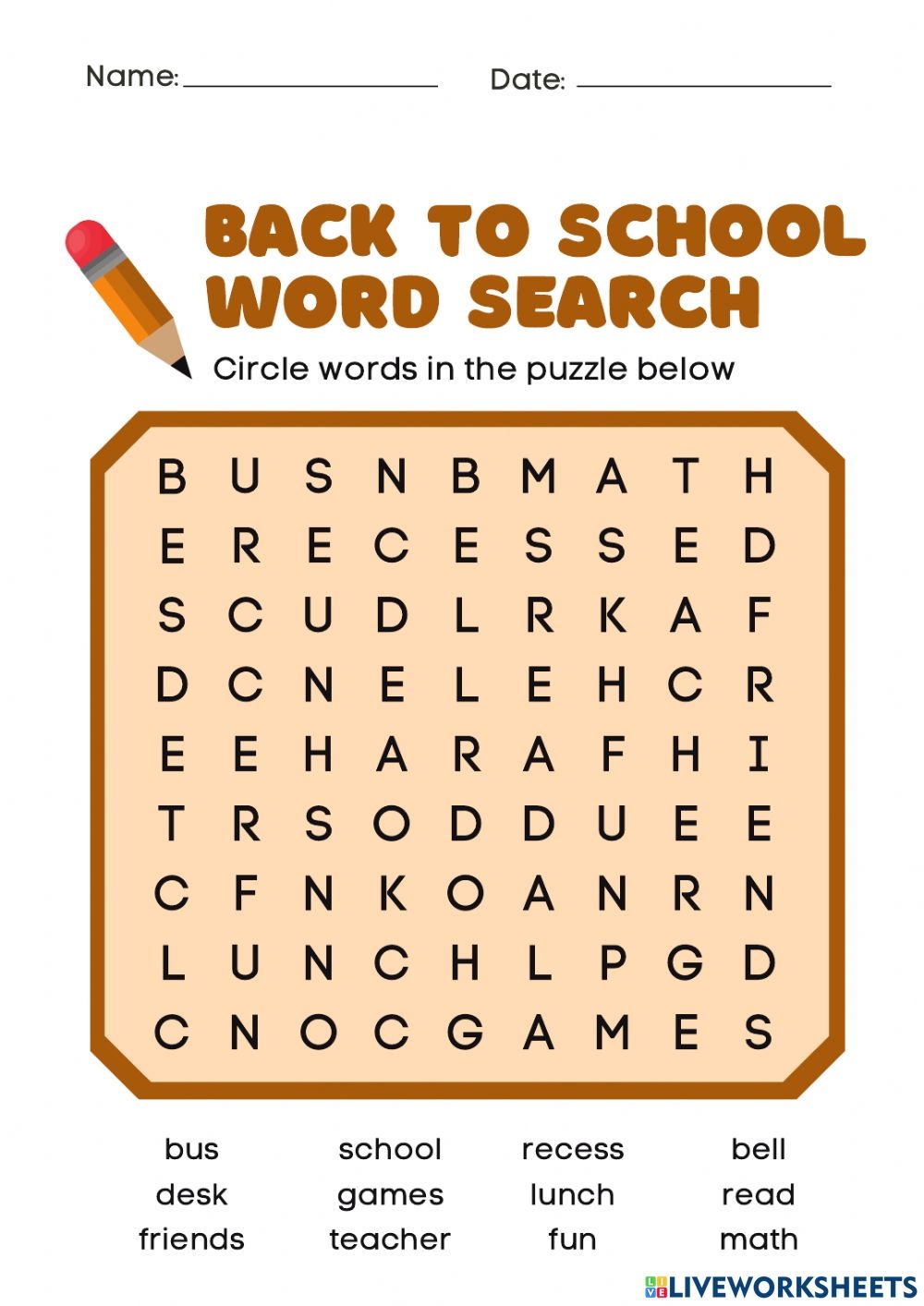 Back To School Word Search Worksheet