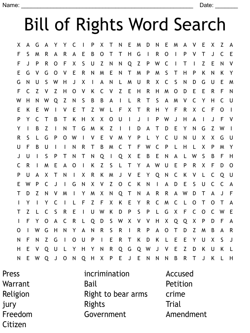 Bill Of Rights Word Search WordMint