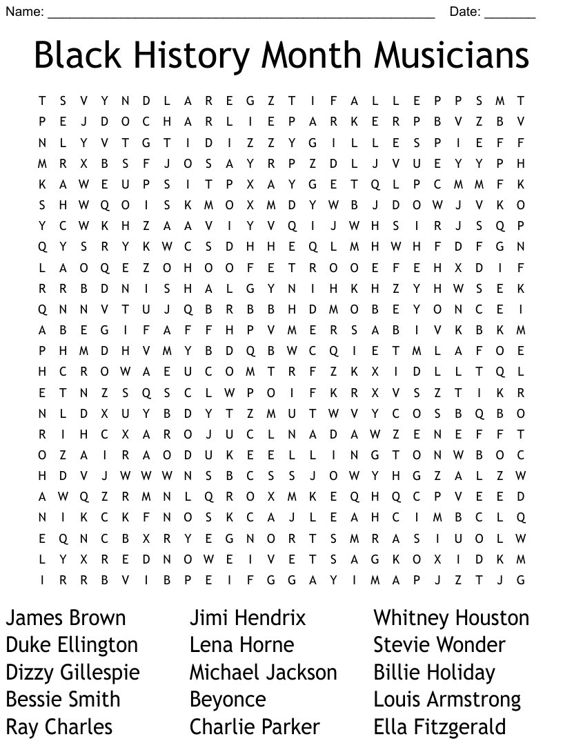 Black History Month Musicians Word Search WordMint