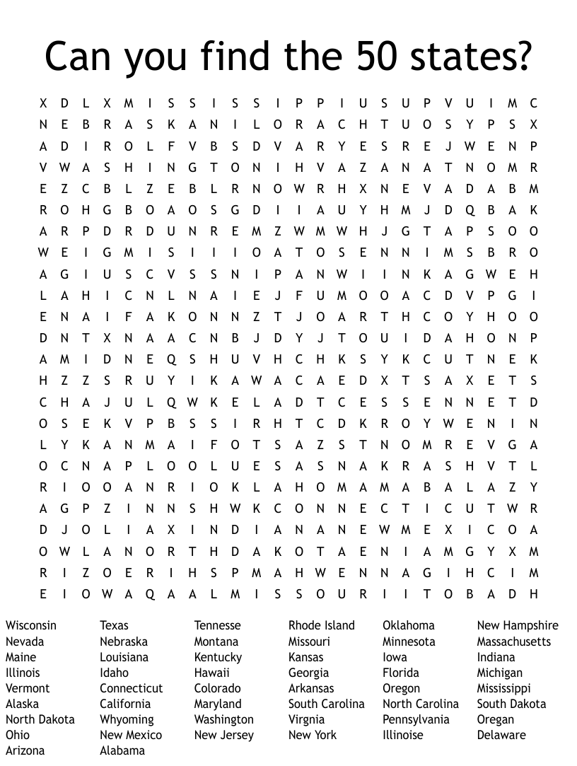 50 State Word Search Answer Key Word Search Printable