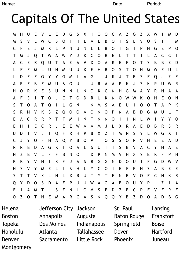 Capitals Of The United States Word Search WordMint