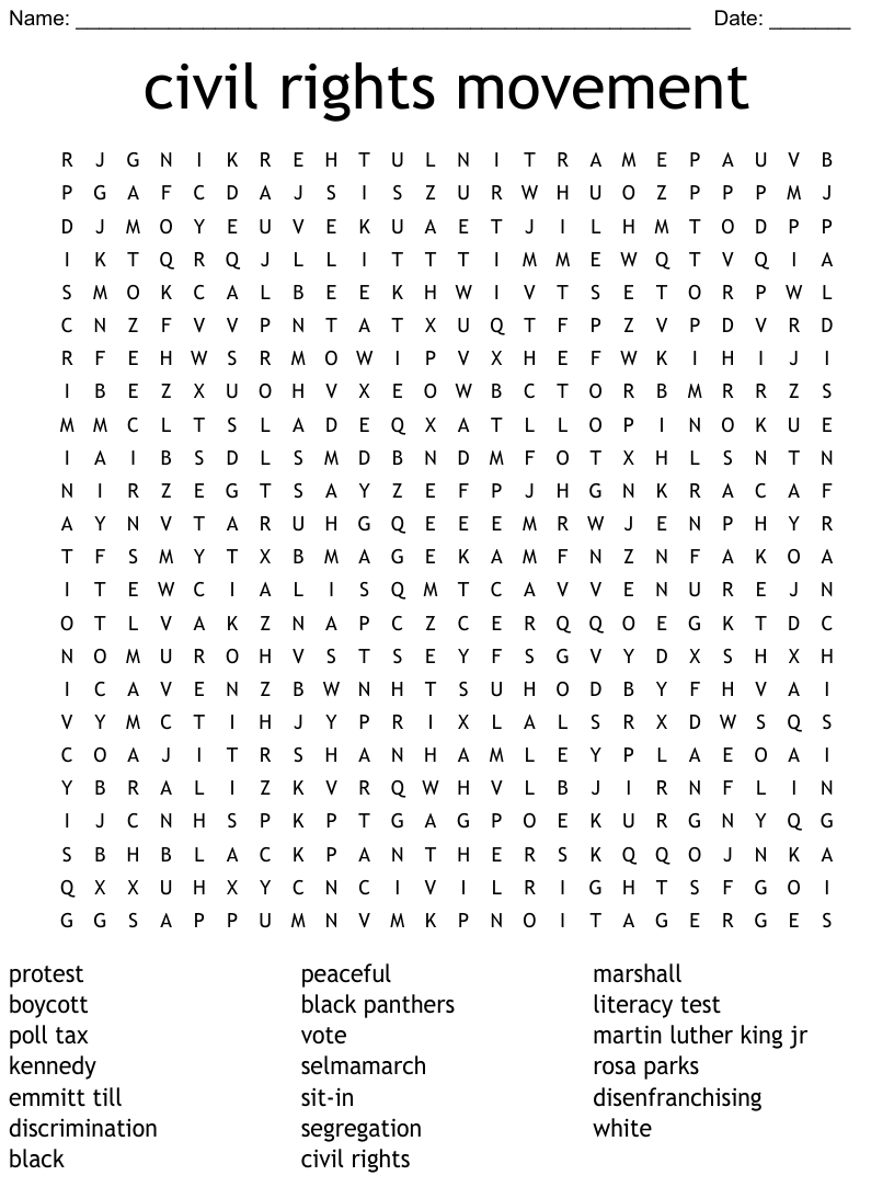 Civil Rights Movement Word Search WordMint