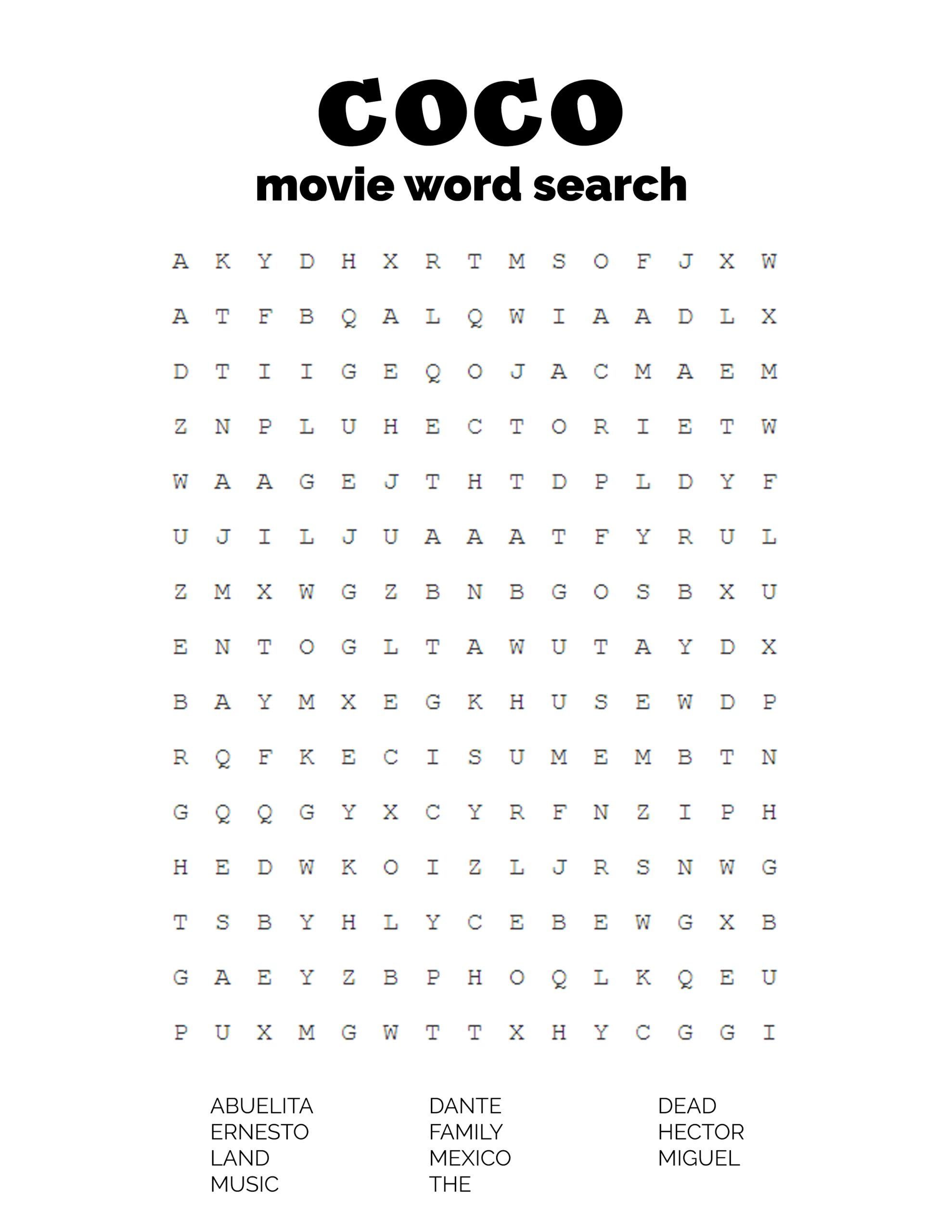 Coco Movie Word Search Based On Disney Pixar Movie Disney Word Disney Word Search Coloring Pages