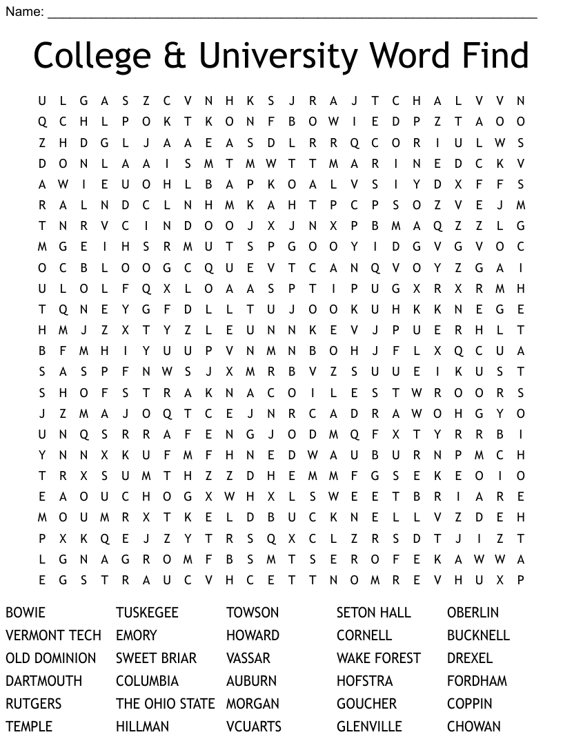 College University Word Find Word Search WordMint