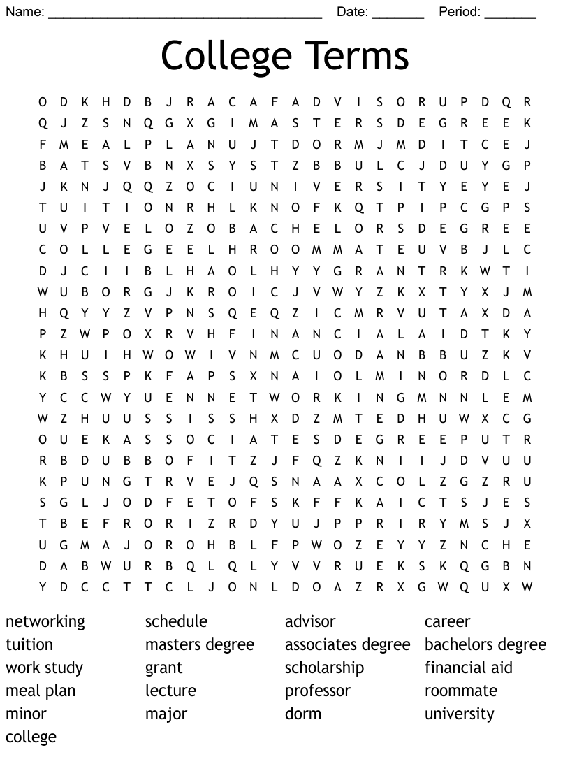 College Word Search Puzzle Printable