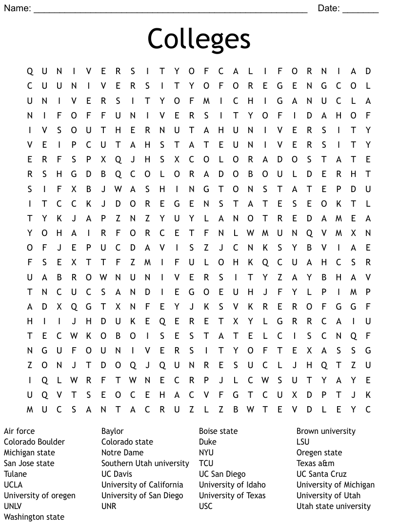 Colleges And Universities Word Search WordMint