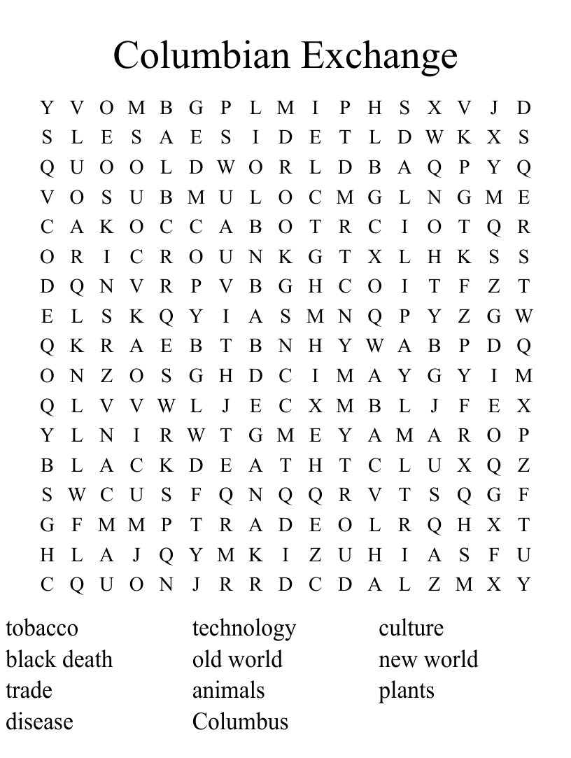 Columbian Exchange Word Search WordMint