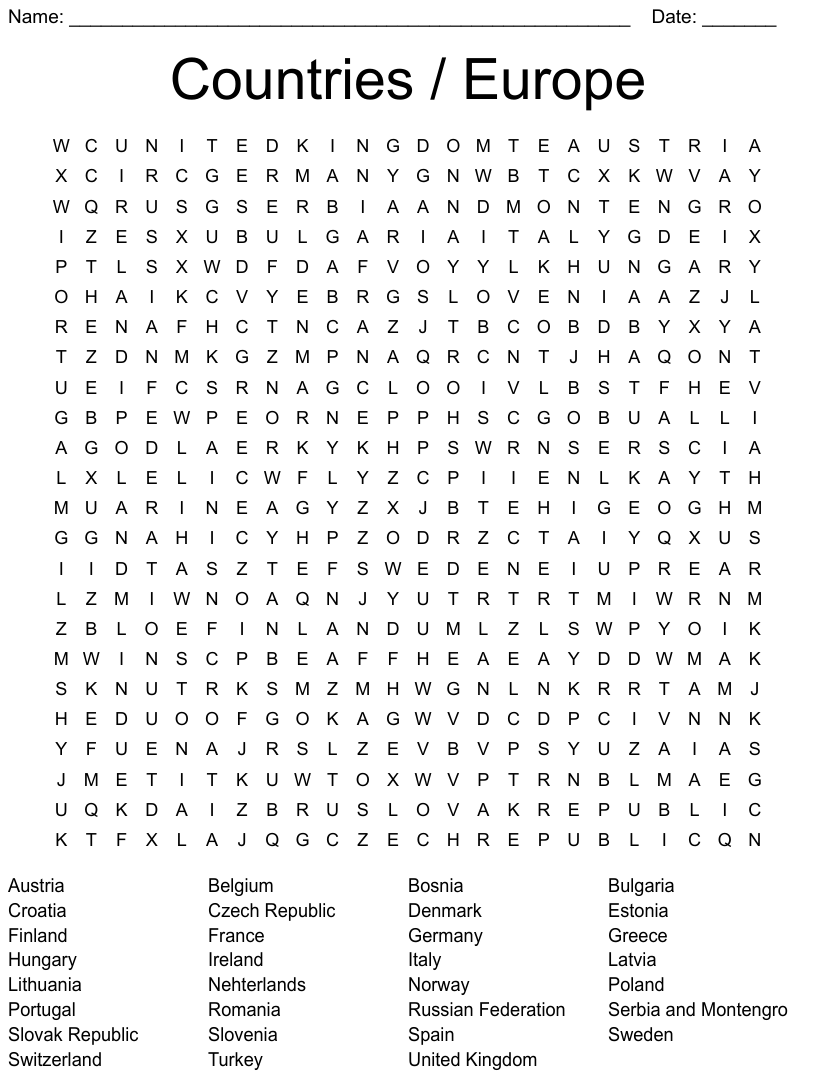 Countries Of Europe Word Search WordMint