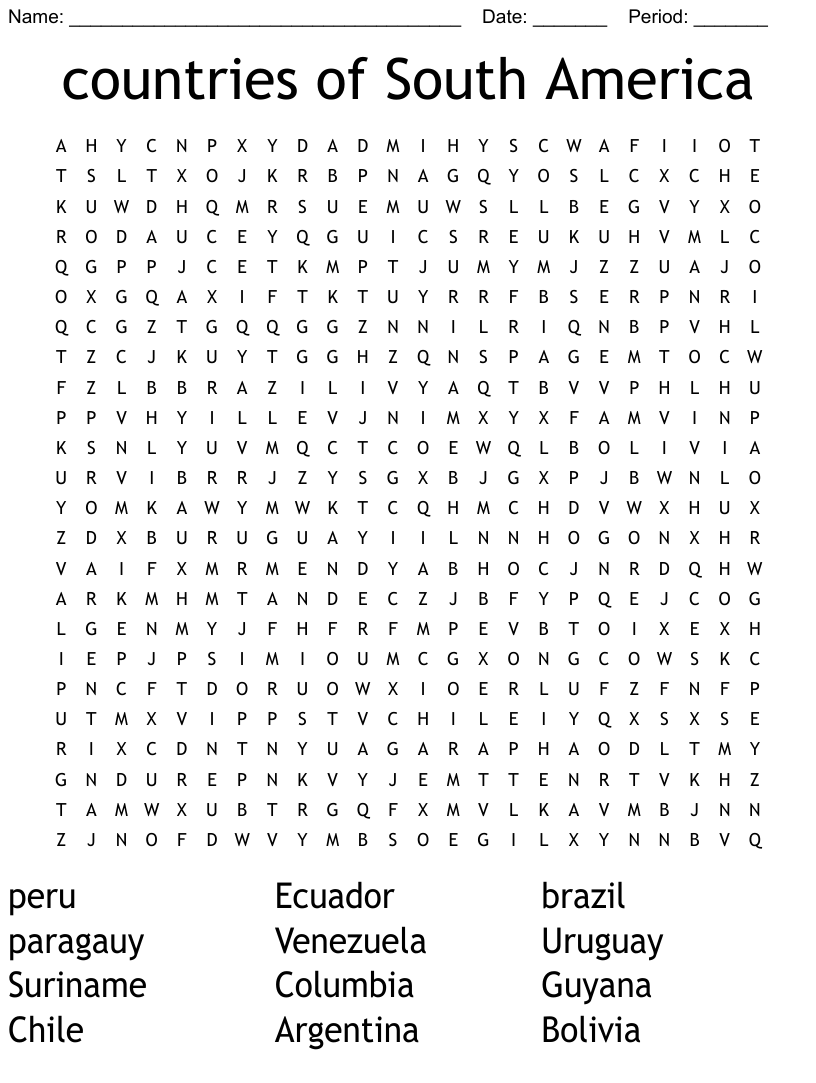 Countries Of South America Word Search WordMint