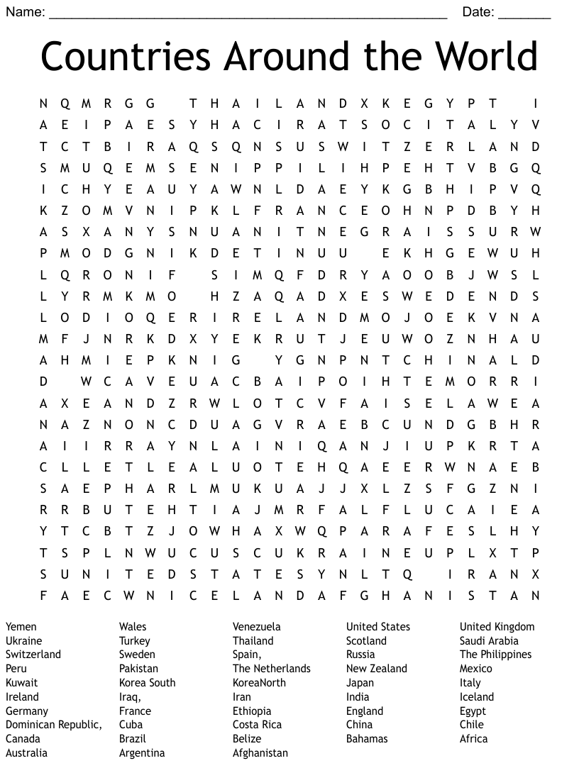 Countries Of The World Word Search WordMint