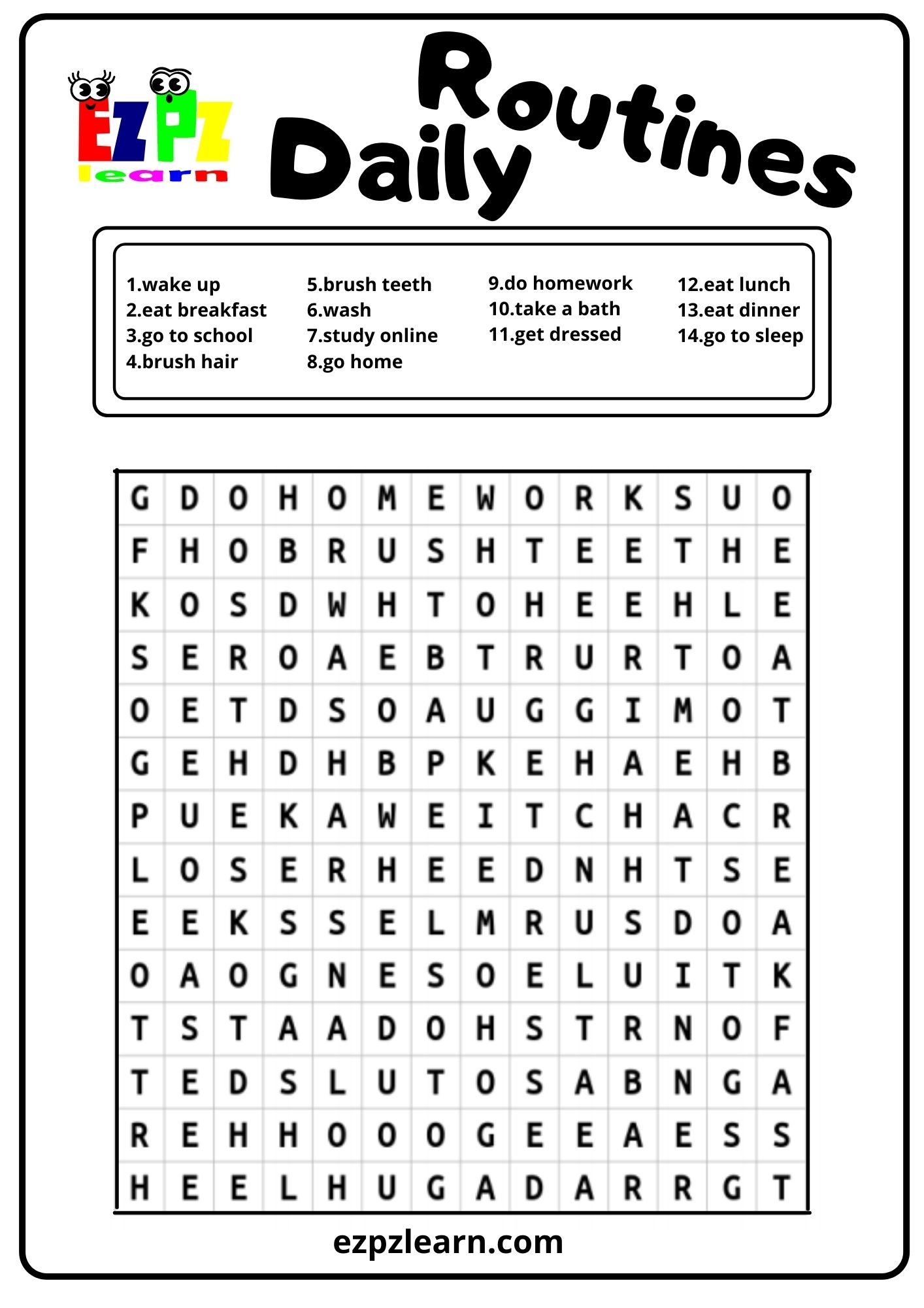 Daily Routine Word Search Ezpzlearn