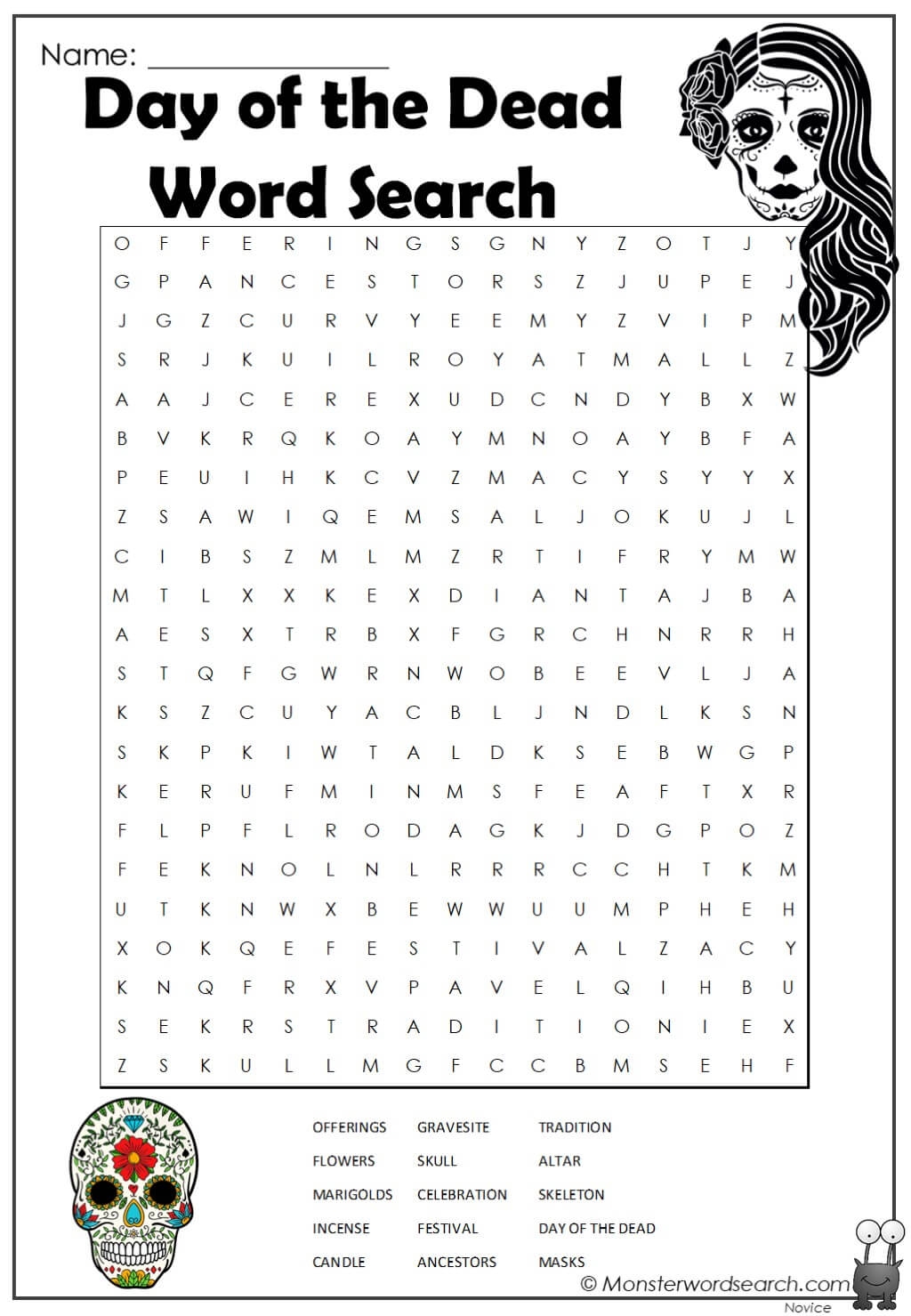 Day Of The Dead Word Search Monster Word Search