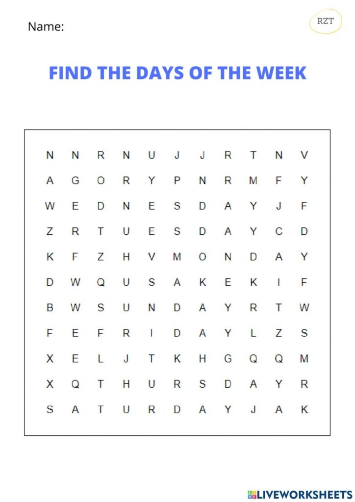 Days Of The Week Wordsearch Worksheet - Word Search Printable