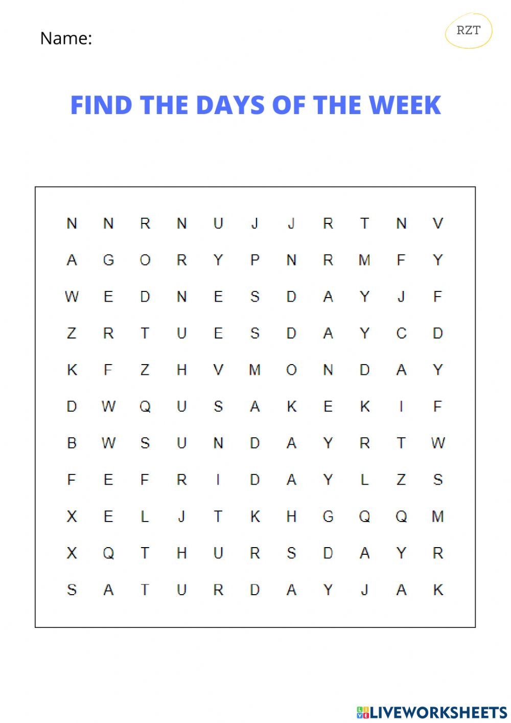 Days Of The Week Word Search