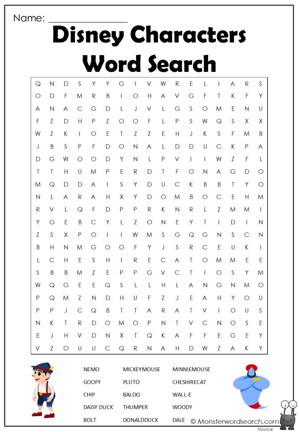 Disney Characters Word Search Monster Word Search