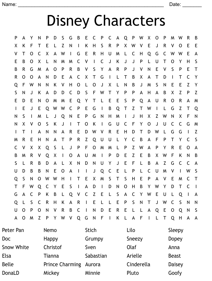 Disney Characters Word Search - Word Search Printable