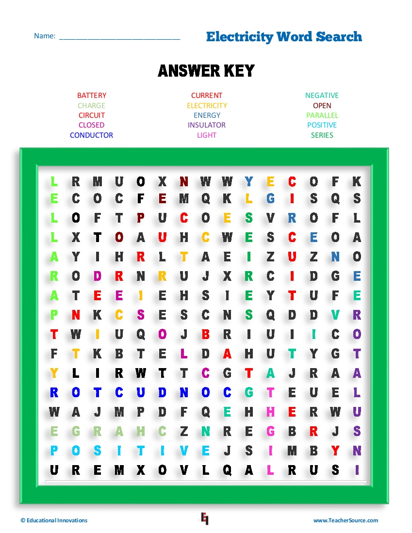 Electricity Word Search ANSWER KEY Educational Innovations Blog