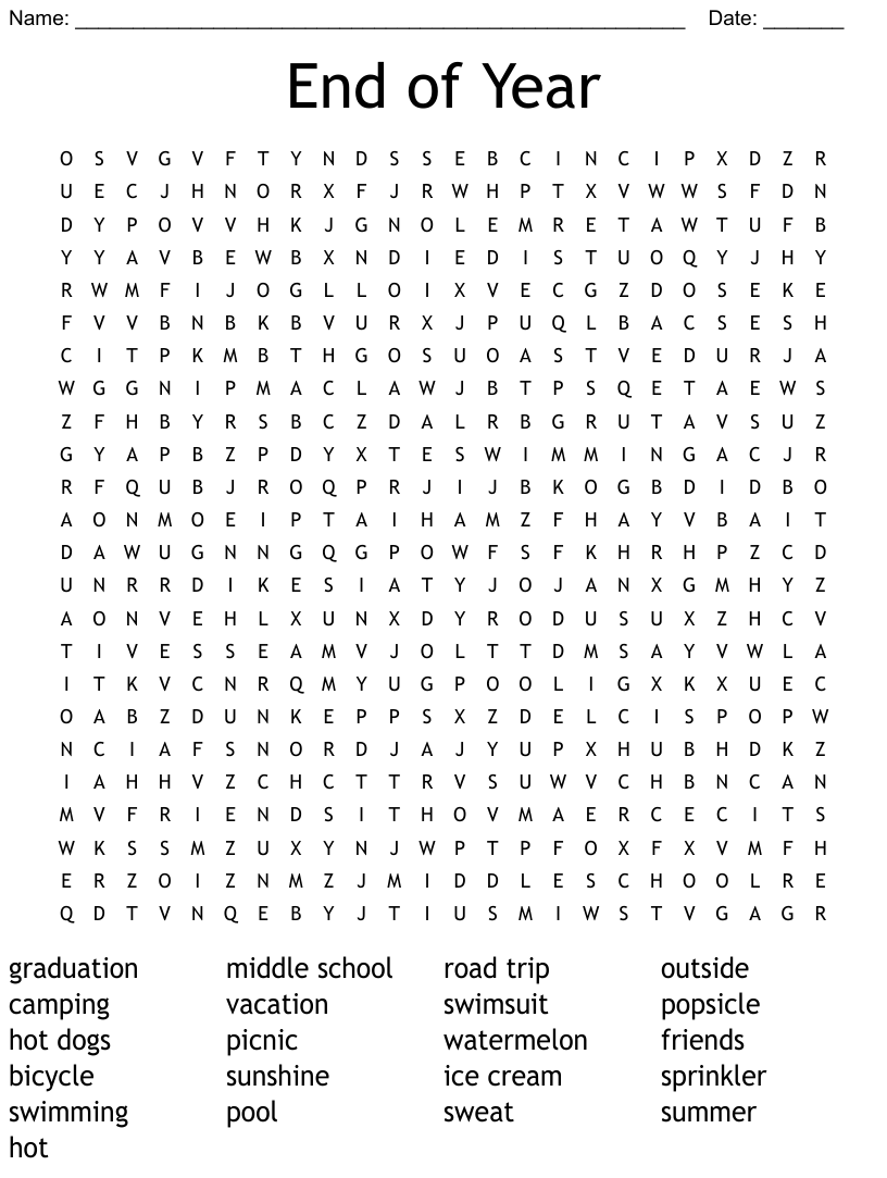 End Of Year Word Search WordMint