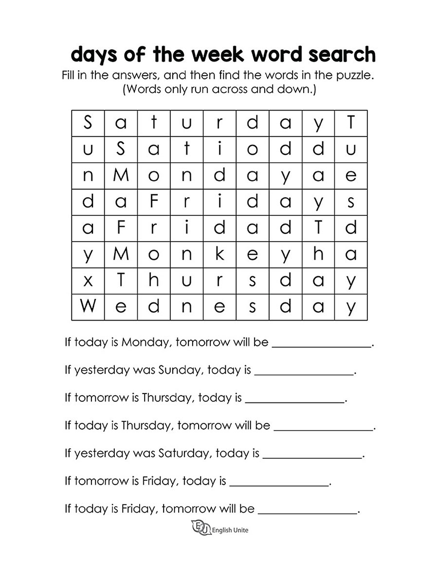 English Unite Days Of The Week Word Search Puzzle