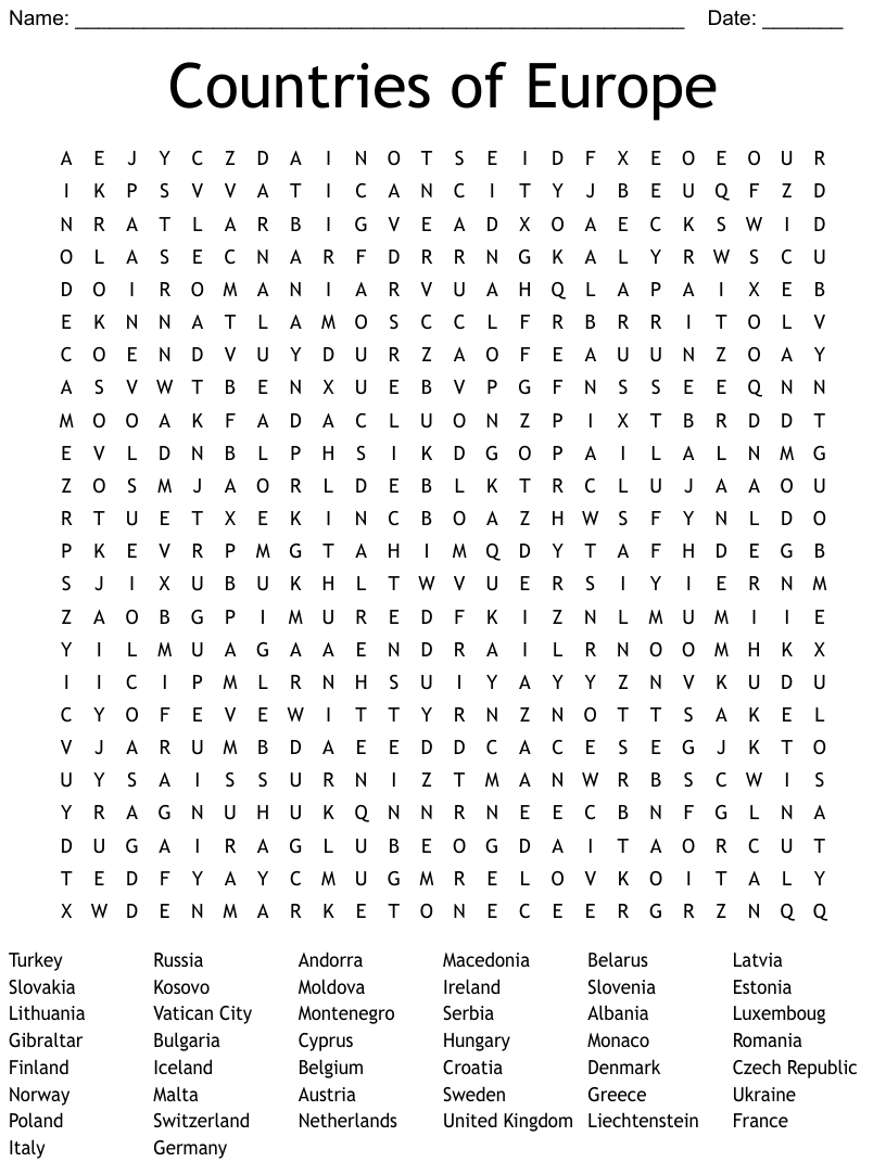 European Countries Word Search