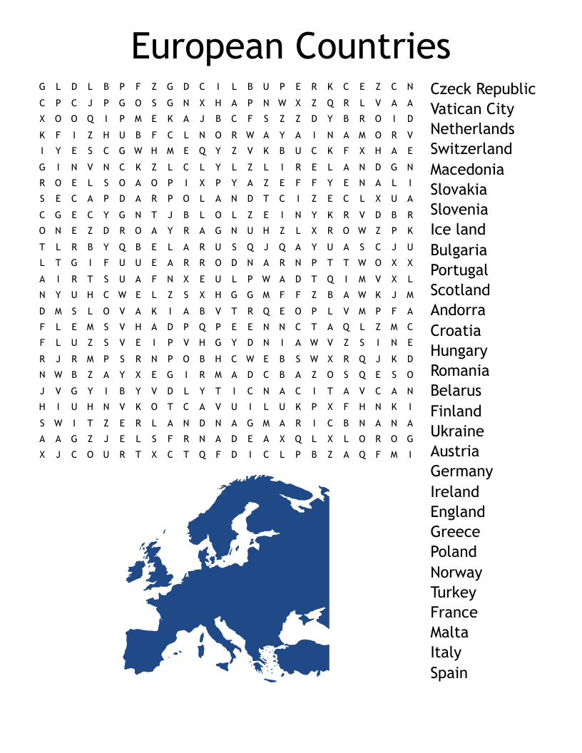 European Countries Word Search WordMint