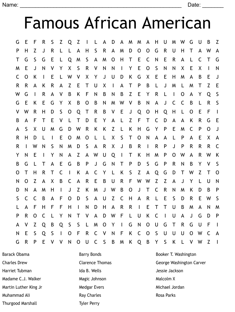 Famous African American Word Search Answer Key