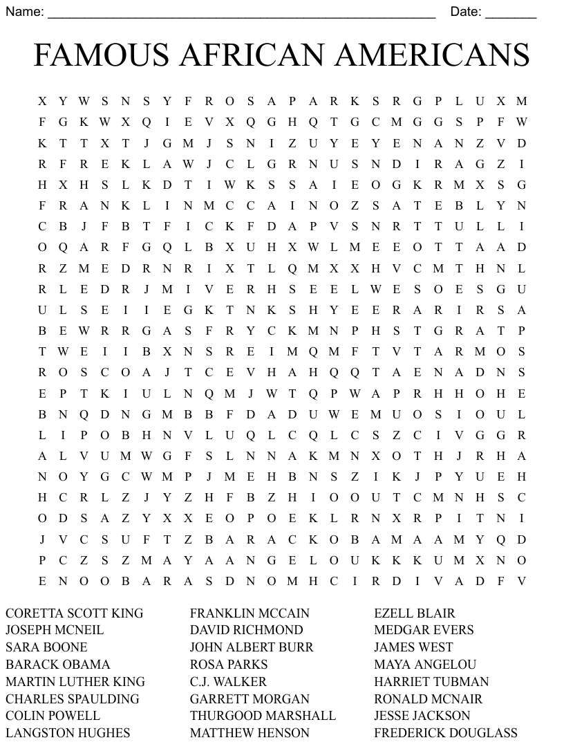 FAMOUS AFRICAN AMERICANS Word Search WordMint