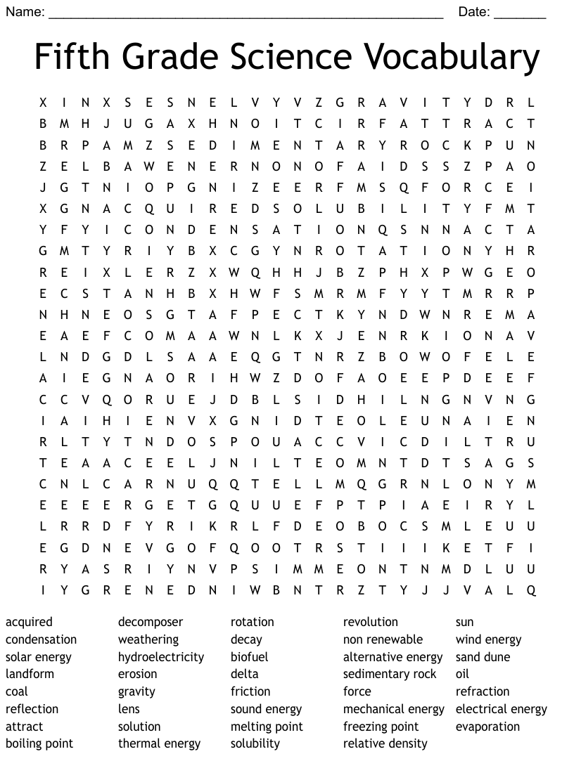 Fifth Grade Science Vocabulary Word Search WordMint