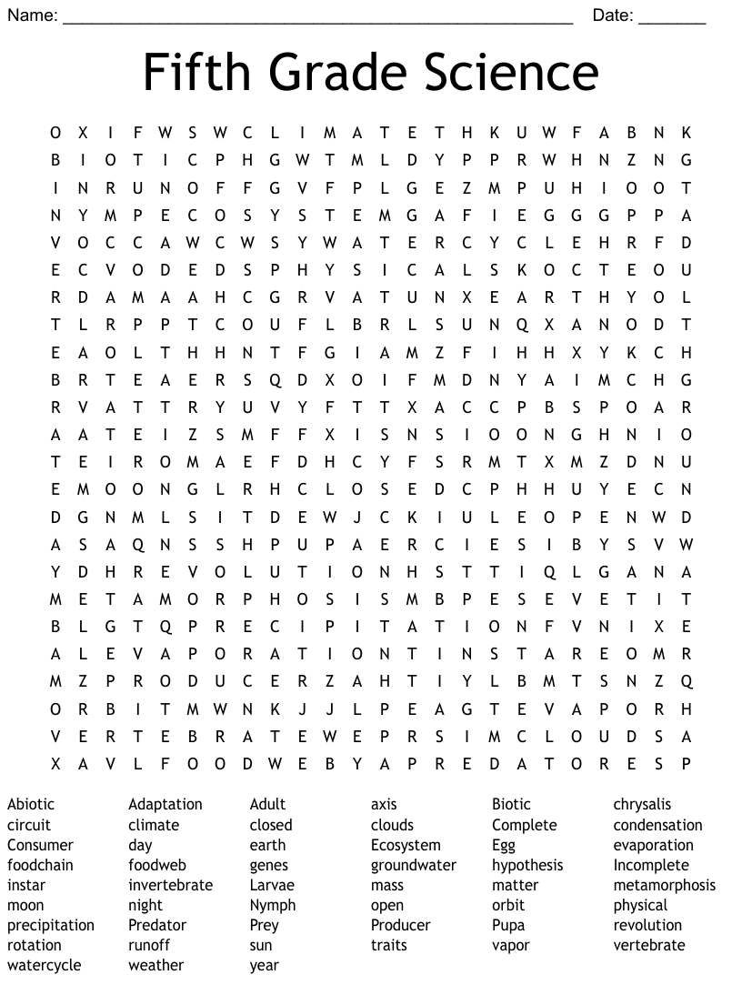 Fifth Grade Science Word Search WordMint