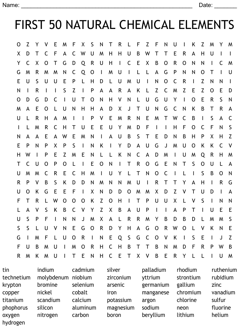 Chemical Elements Word Search