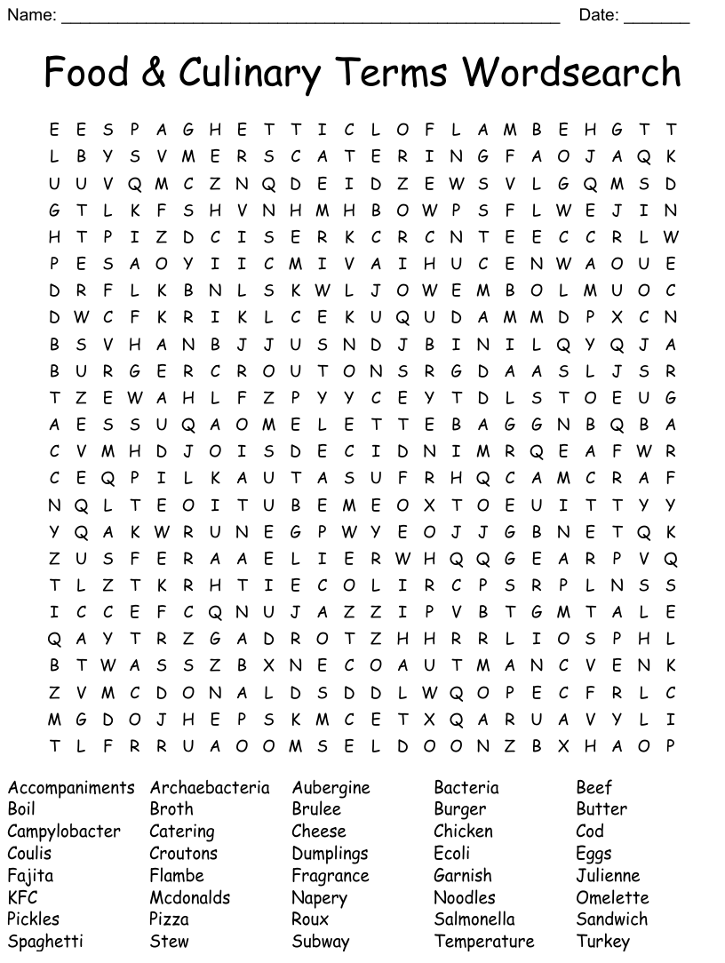 Cooking Terms Word Search Answer Key