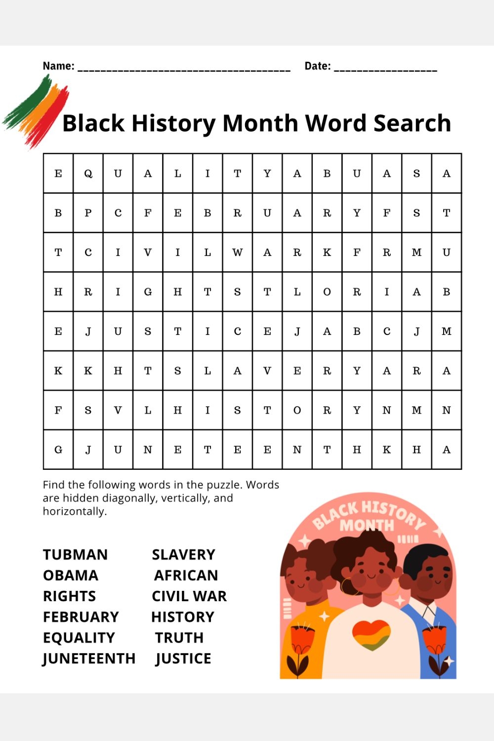 Free Black History Month Word Search Printable