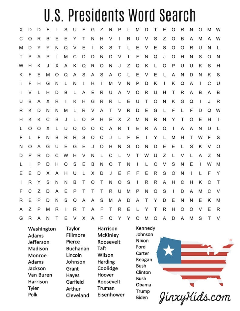 FREE Printable US Presidents Word Search Jinxy Kids