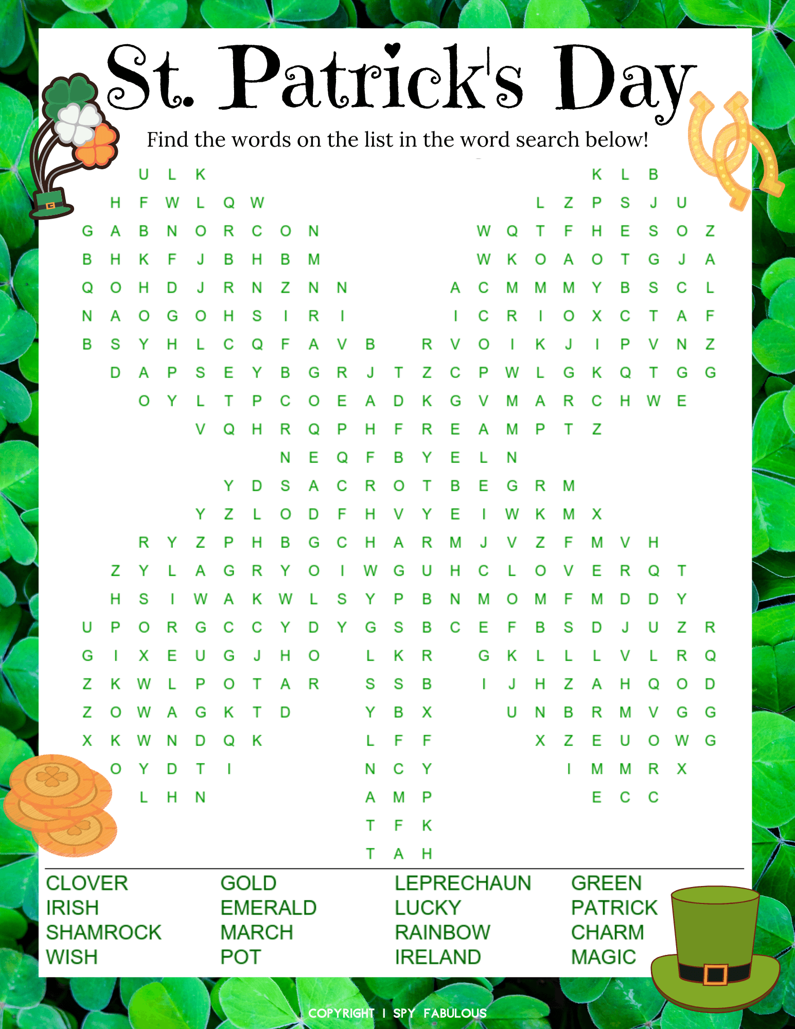 St Patrick's Day Word Search Printable