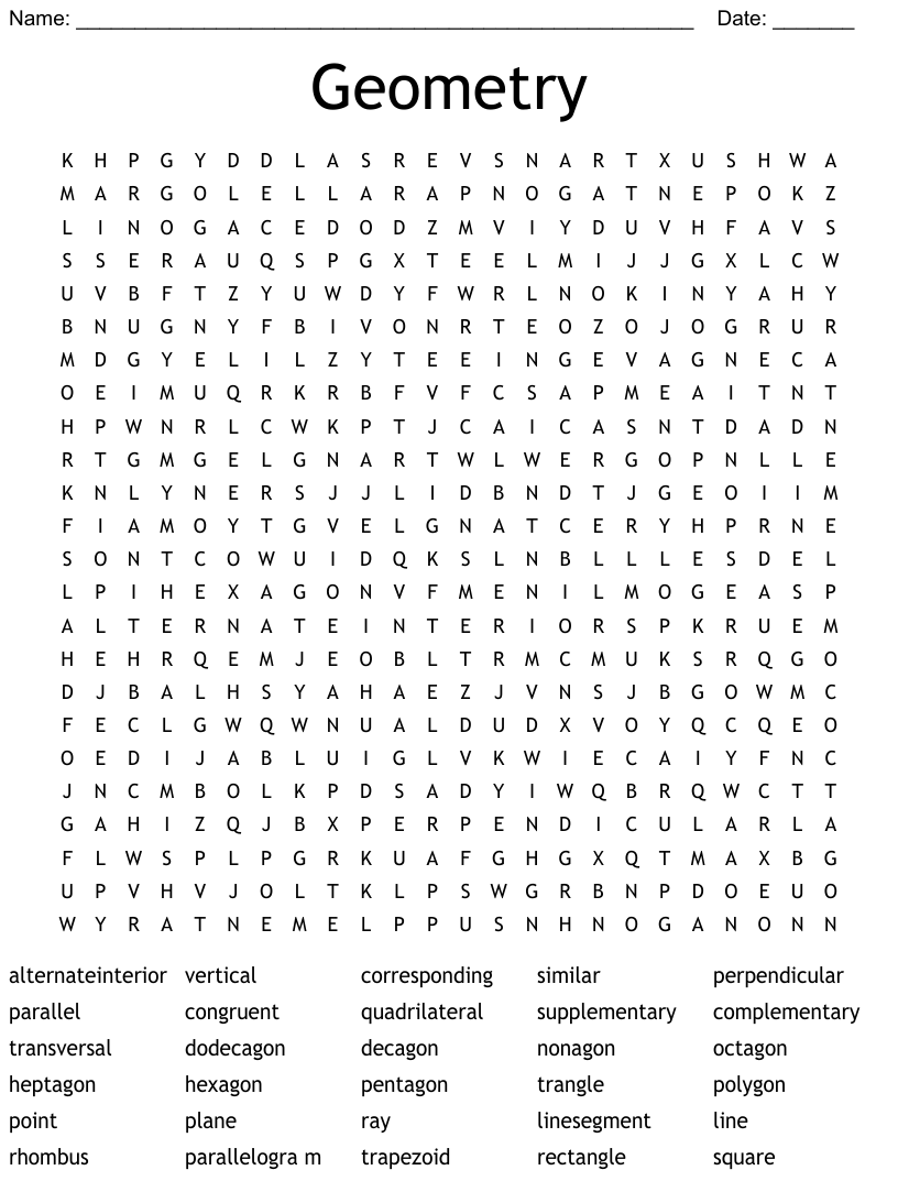 Geometry Vocabulary Word Search Puzzle Answer Key