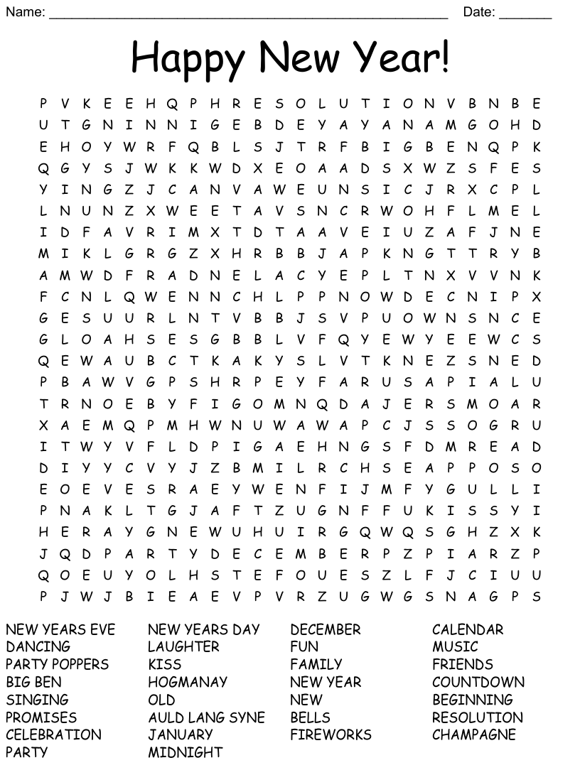 New Years Word Search Puzzles Printable